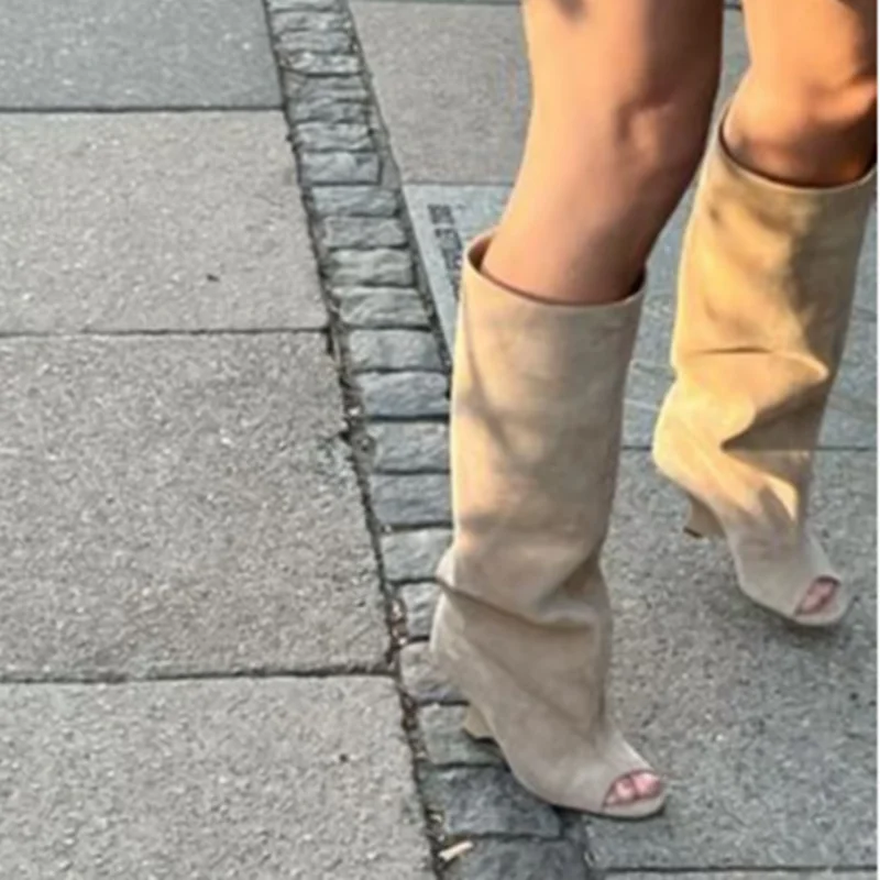 Women's Peep Toe Knee High Block Heel Boots