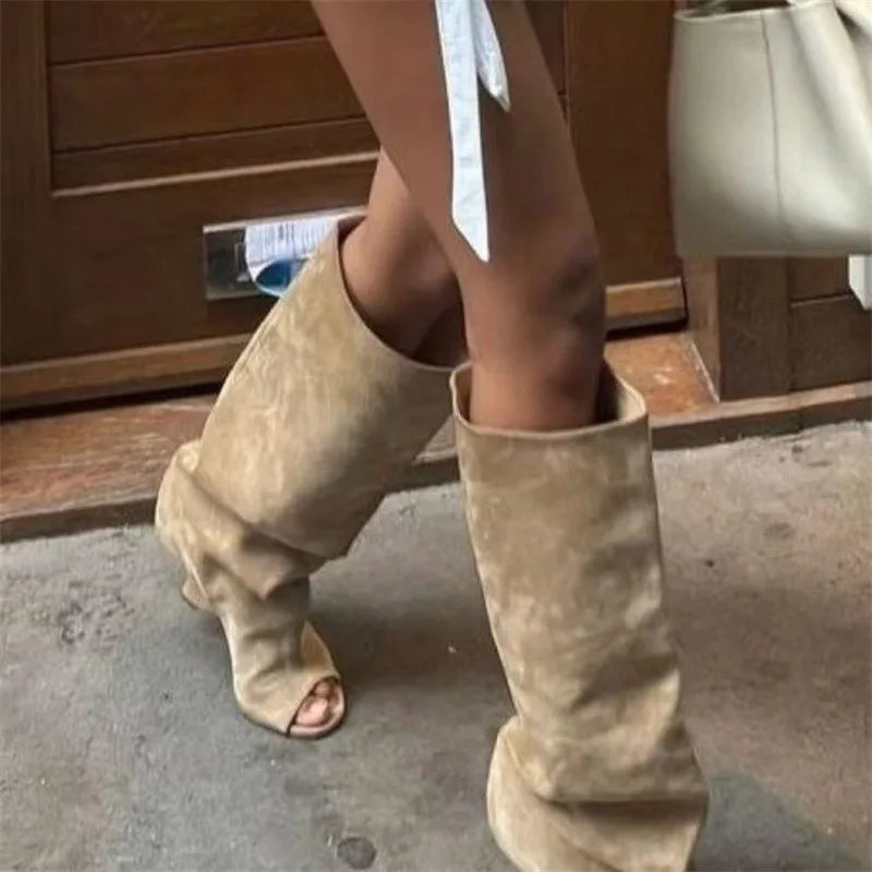 Women's Peep Toe Knee High Block Heel Boots