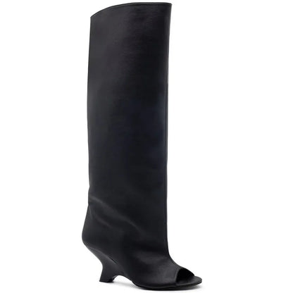 Women's Peep Toe Knee High Block Heel Boots