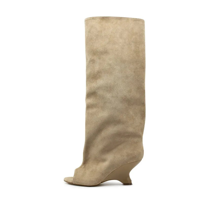 Women's Peep Toe Knee High Block Heel Boots