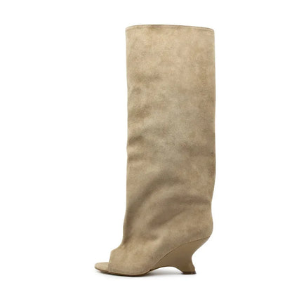 Women's Peep Toe Knee High Block Heel Boots