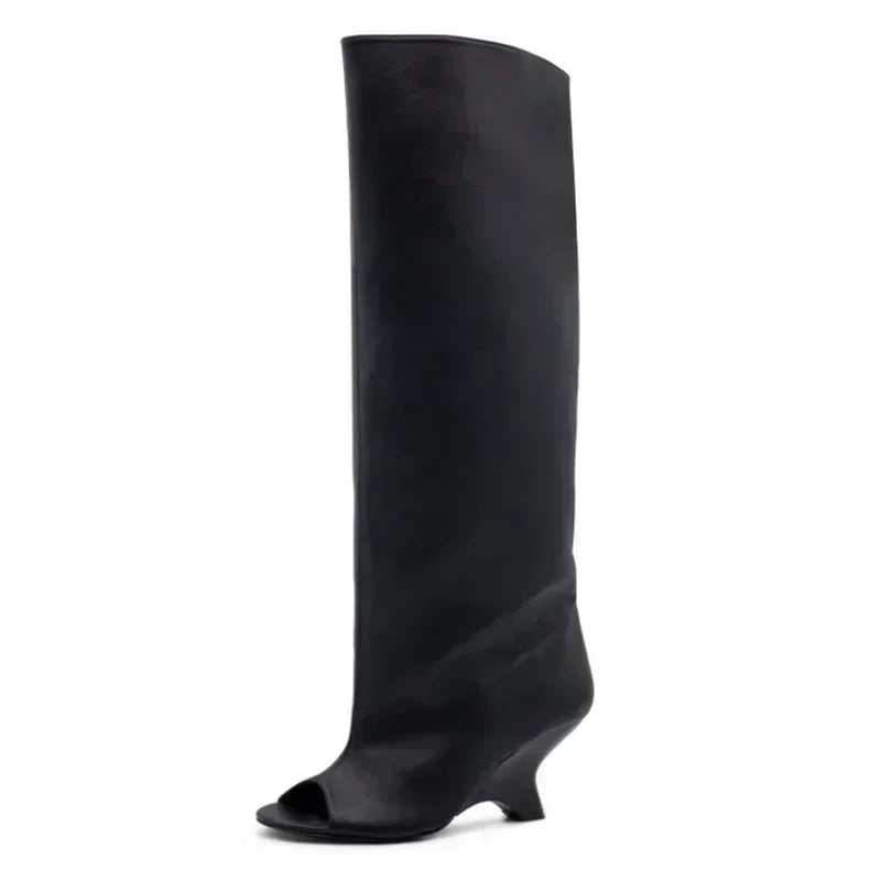 Women's Peep Toe Knee High Block Heel Boots