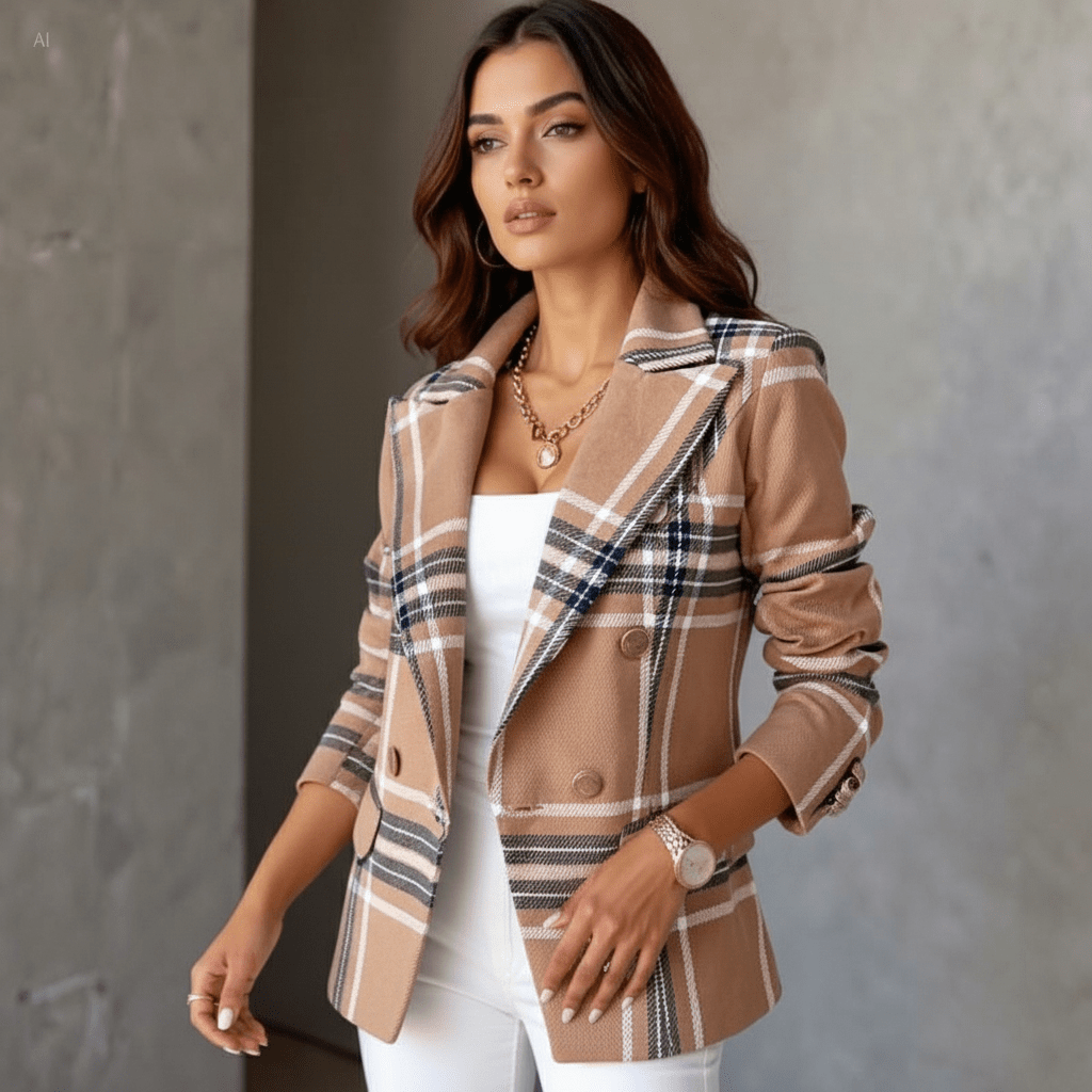 Women's Plaid Double Breasted Tailored Blazer