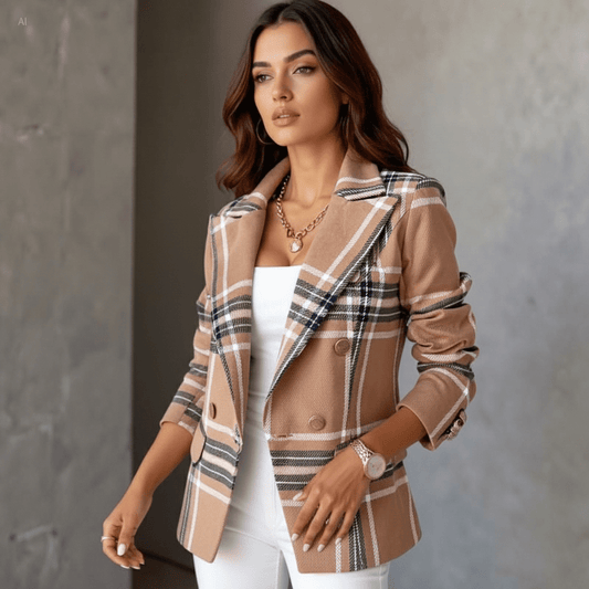 Women's Plaid Double Breasted Tailored Blazer