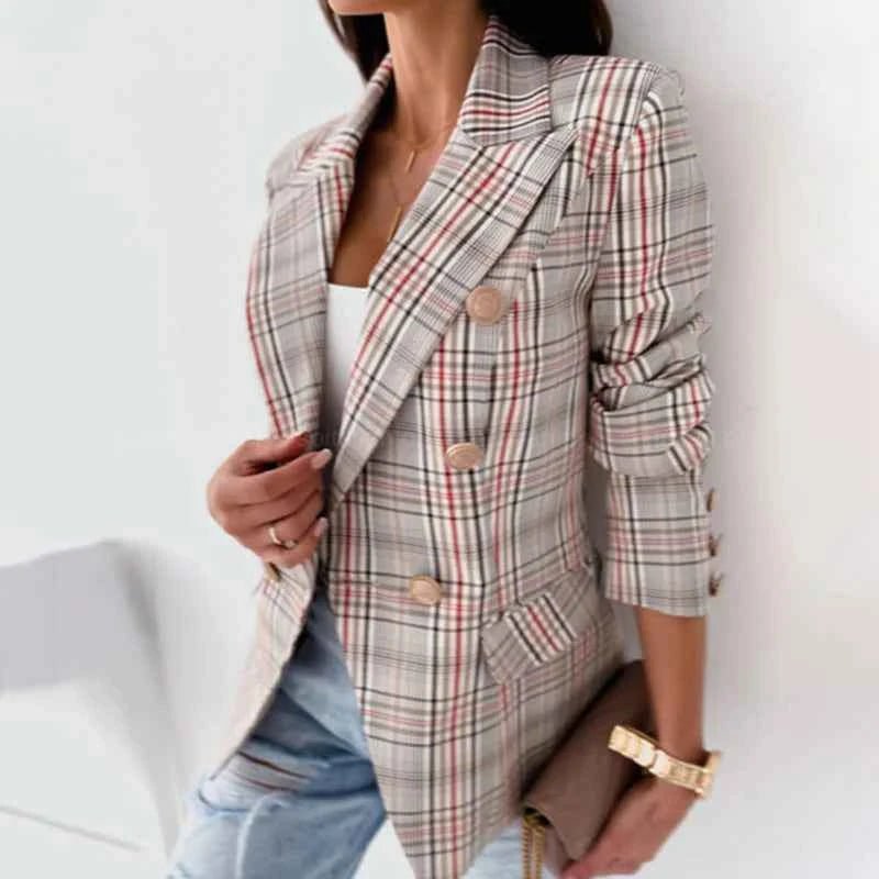 Women's Plaid Double Breasted Tailored Blazer