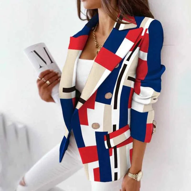 Women's Plaid Double Breasted Tailored Blazer