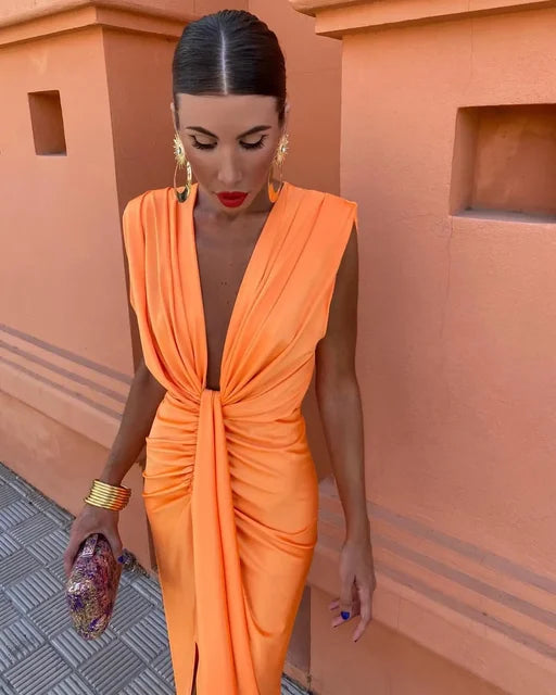 Women's Pleated Deep V Neck Midi Dress
