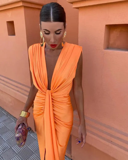 Women's Pleated Deep V Neck Midi Dress