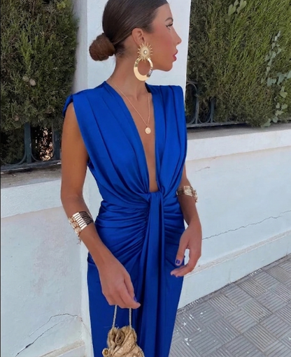 Women's Pleated Deep V Neck Midi Dress
