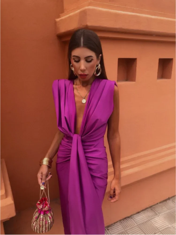Women's Pleated Deep V Neck Midi Dress