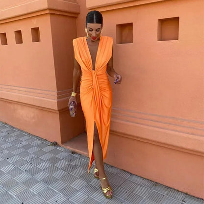 Women's Pleated Deep V Neck Midi Dress