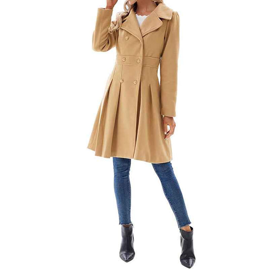 Women's Pleated Double Breasted Skirted Wool Blend Coat