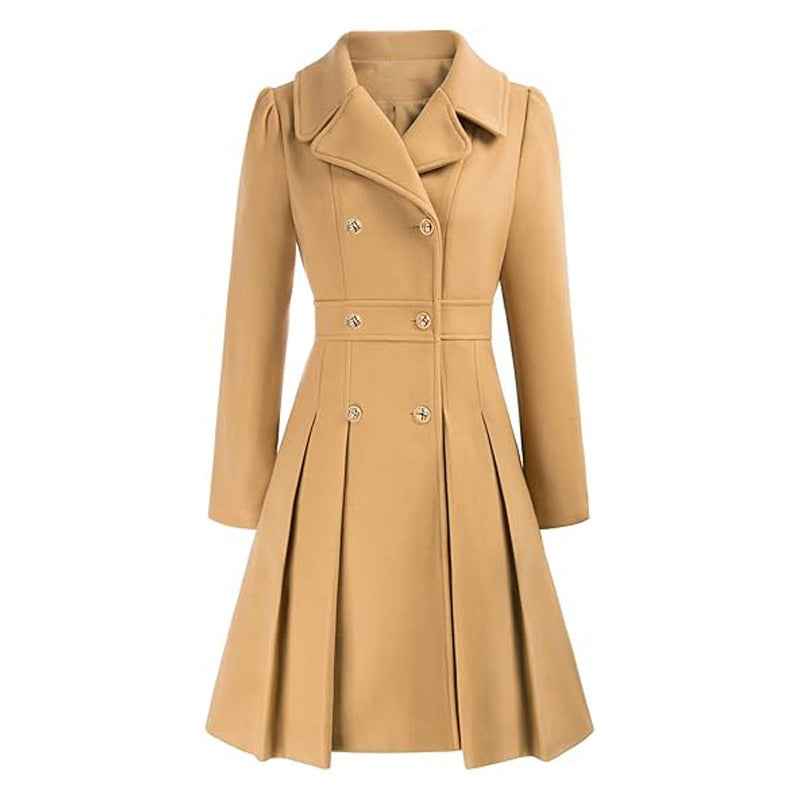 Women's Pleated Double Breasted Skirted Wool Blend Coat