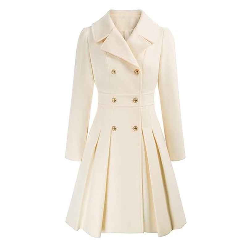 Women's Pleated Double Breasted Skirted Wool Blend Coat