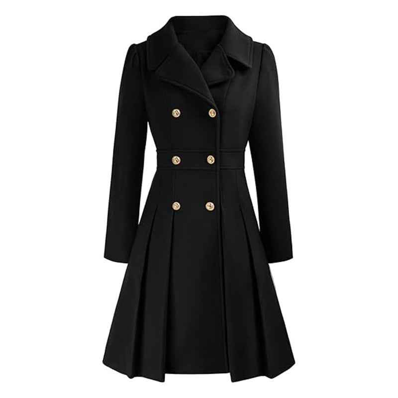 Women's Pleated Double Breasted Skirted Wool Blend Coat