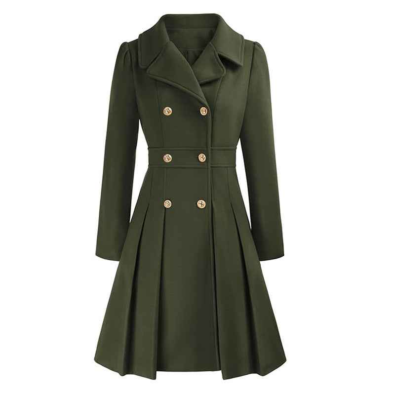 Women's Pleated Double Breasted Skirted Wool Blend Coat