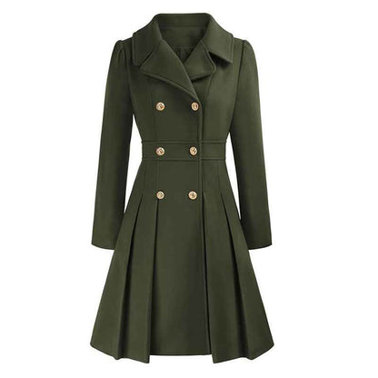 Women's Pleated Double Breasted Skirted Wool Blend Coat