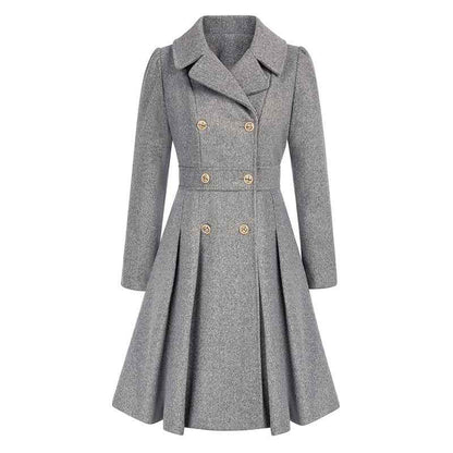 Women's Pleated Double Breasted Skirted Wool Blend Coat