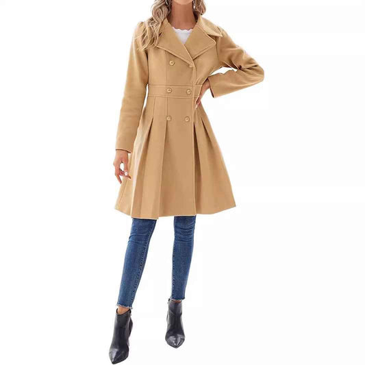 Women's Pleated Double Breasted Skirted Wool Blend Coat