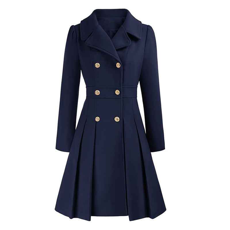 Women's Pleated Double Breasted Skirted Wool Blend Coat