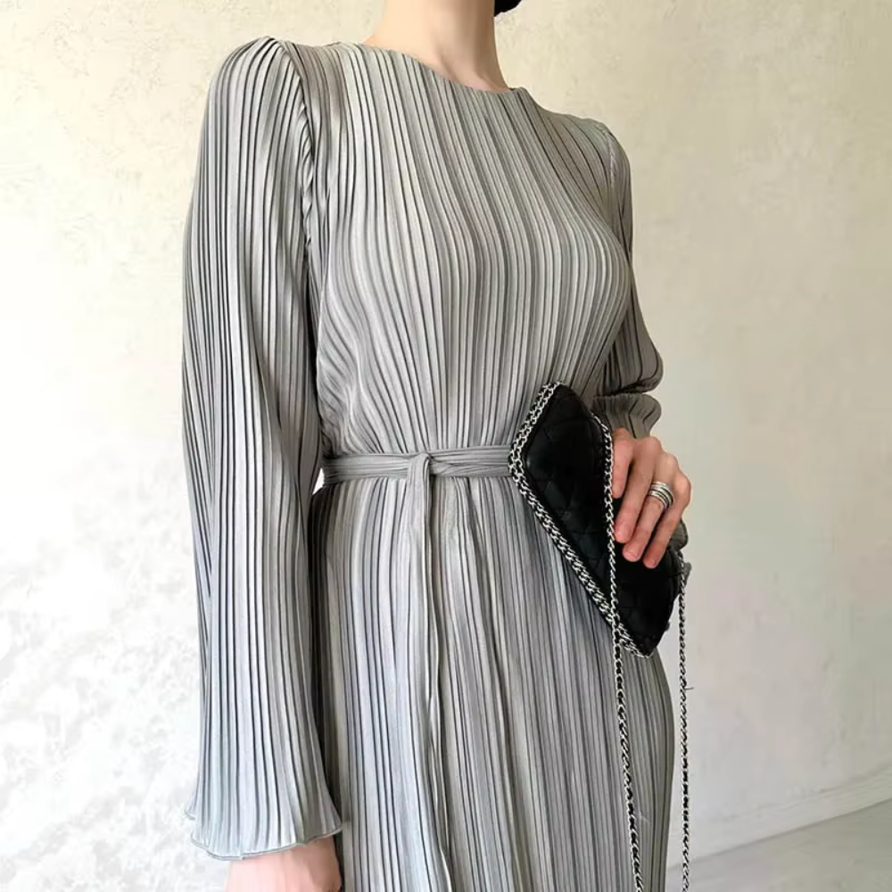 Women's Pleated Flare Sleeve Waist Tie Maxi Dress