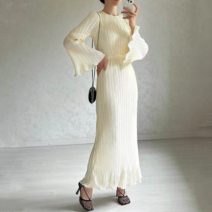 Women's Pleated Flare Sleeve Waist Tie Maxi Dress