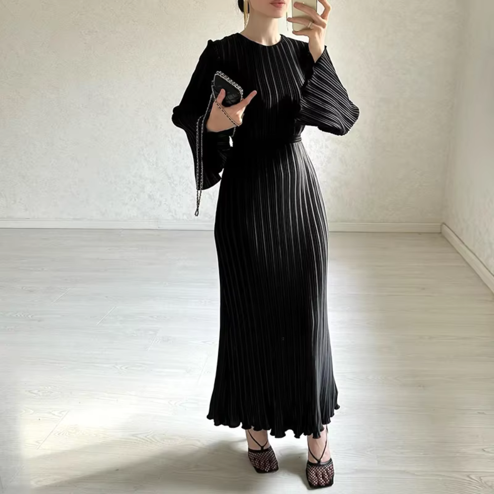Women's Pleated Flare Sleeve Waist Tie Maxi Dress