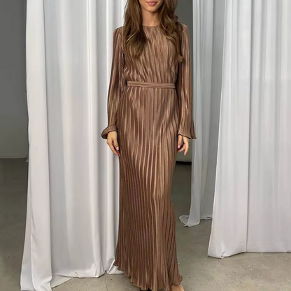 Women's Pleated Flare Sleeve Waist Tie Maxi Dress