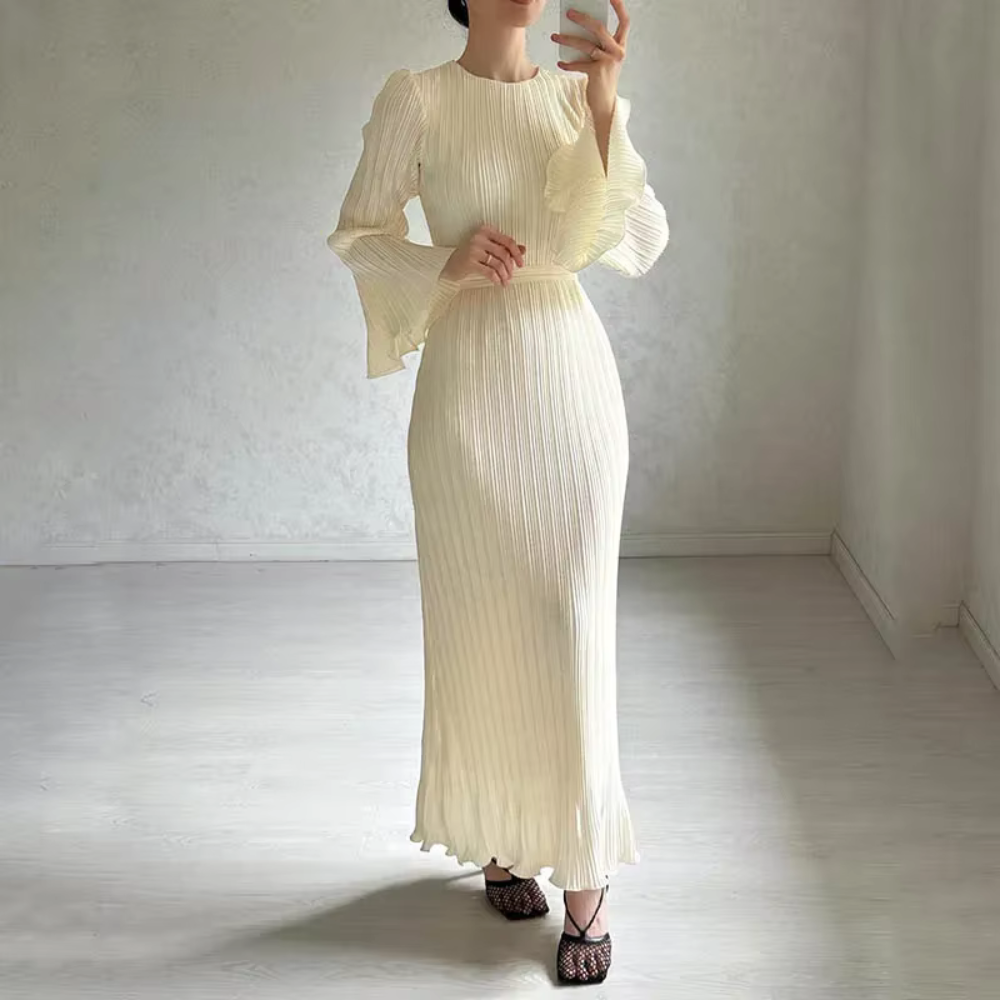 Women's Pleated Flare Sleeve Waist Tie Maxi Dress