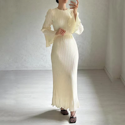 Women's Pleated Flare Sleeve Waist Tie Maxi Dress