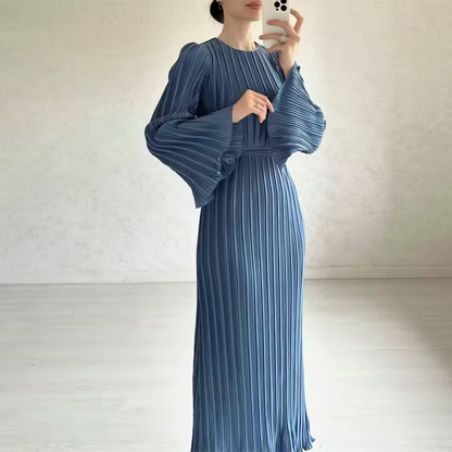Women's Pleated Flare Sleeve Waist Tie Maxi Dress