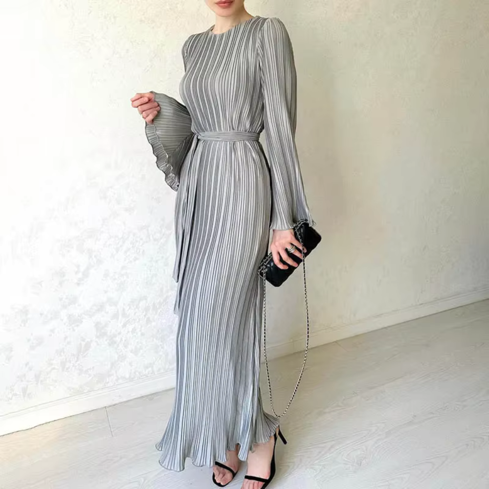 Women's Pleated Flare Sleeve Waist Tie Maxi Dress