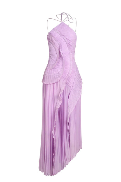Women's Pleated Halter Ruffle Cascade Maxi Dress