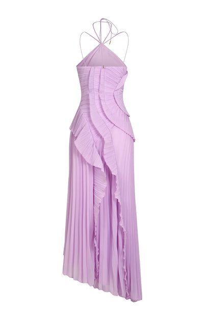 Women's Pleated Halter Ruffle Cascade Maxi Dress