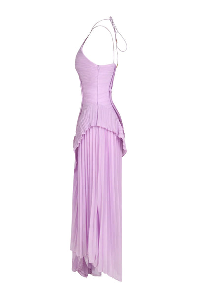 Women's Pleated Halter Ruffle Cascade Maxi Dress
