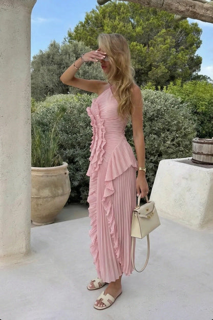 Women's Pleated Halter Ruffle Cascade Maxi Dress