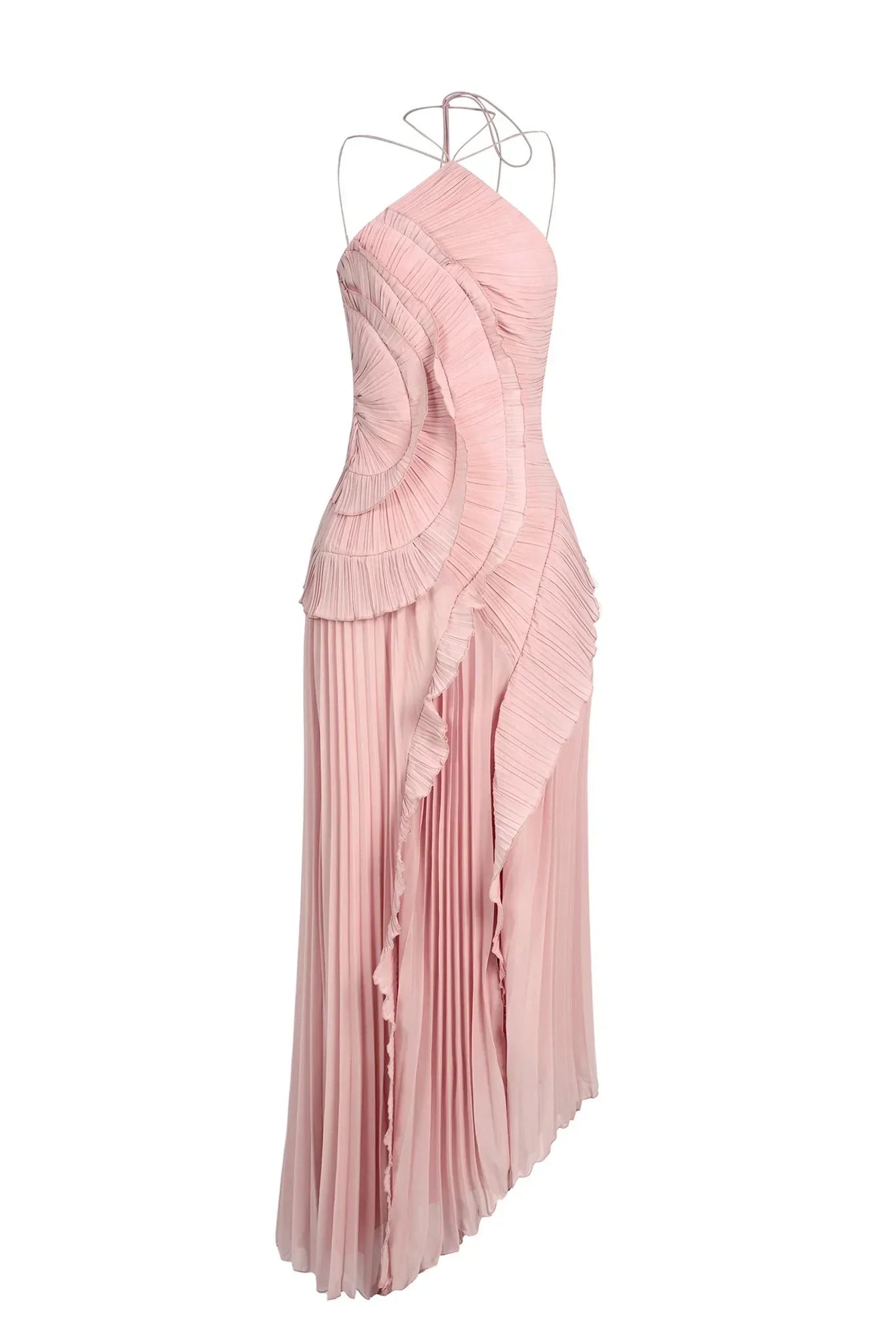 Women's Pleated Halter Ruffle Cascade Maxi Dress