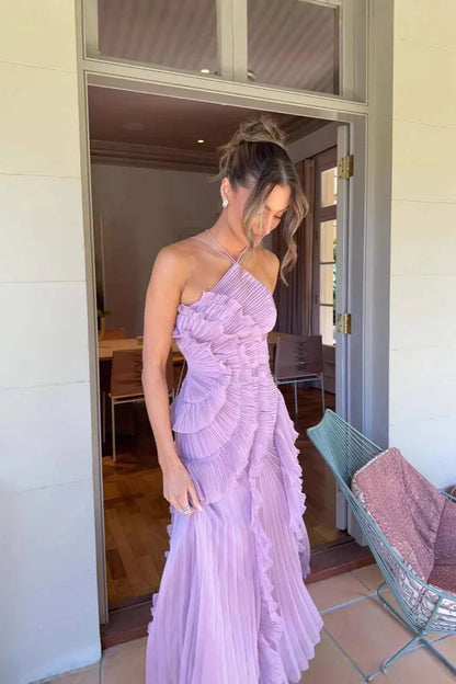 Women's Pleated Halter Ruffle Cascade Maxi Dress