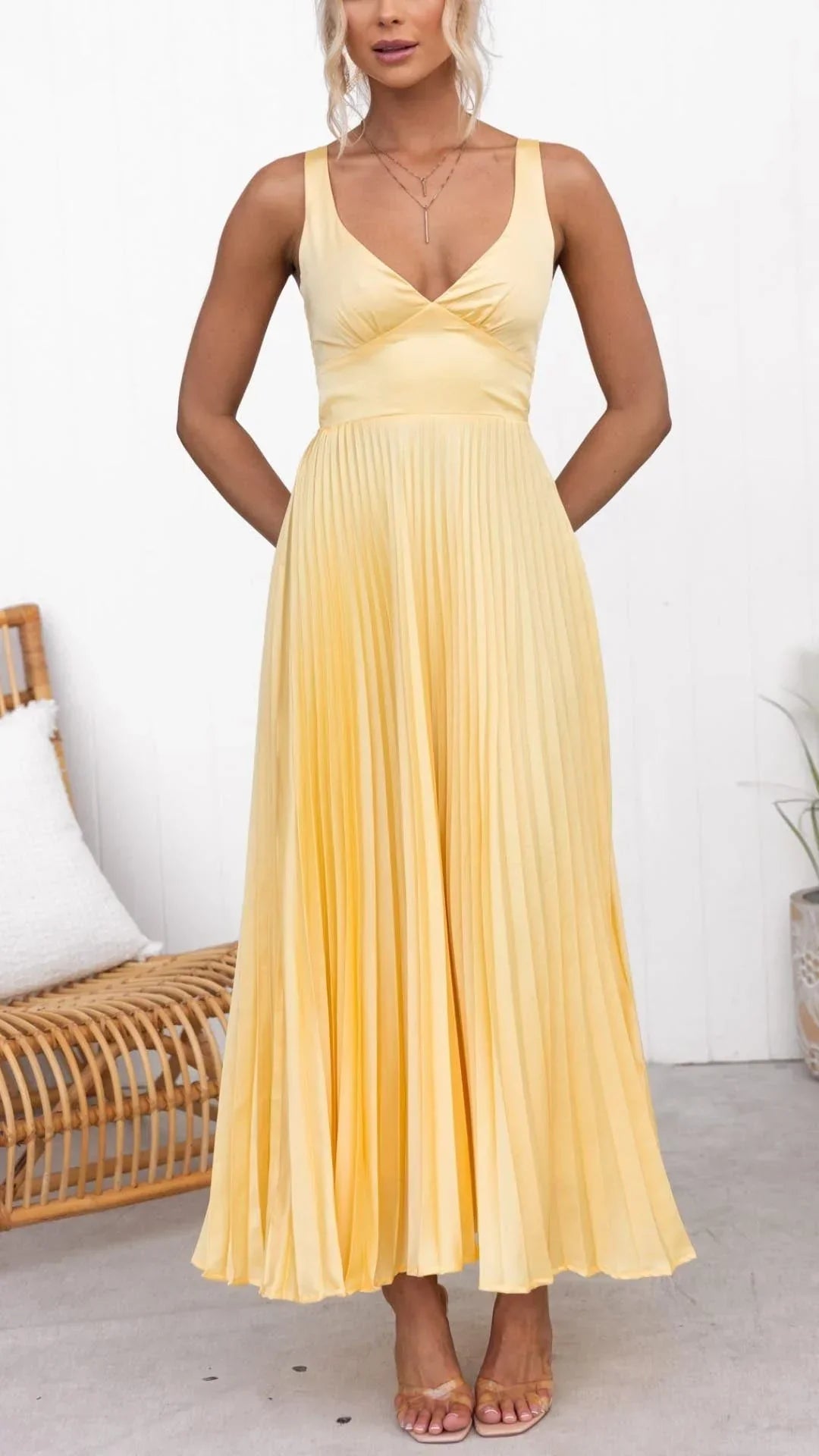 Women's Pleated V Neck Crossover Back Maxi Dress