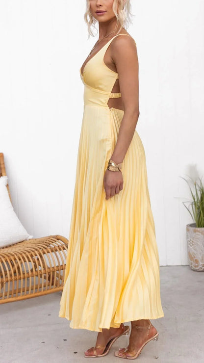 Women's Pleated V Neck Crossover Back Maxi Dress