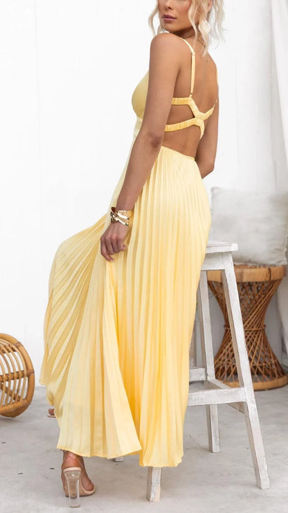 Women's Pleated V Neck Crossover Back Maxi Dress
