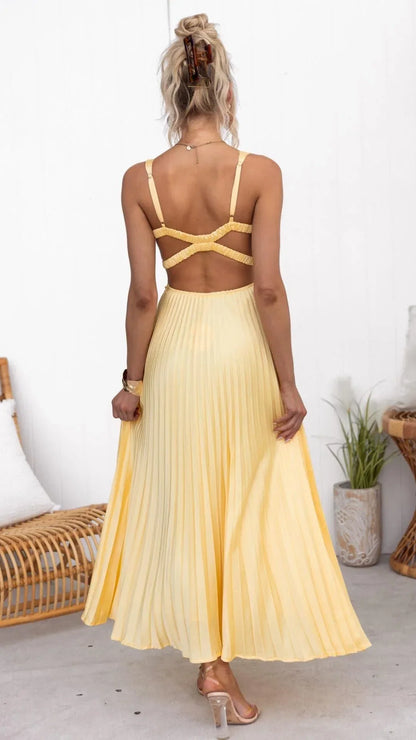 Women's Pleated V Neck Crossover Back Maxi Dress