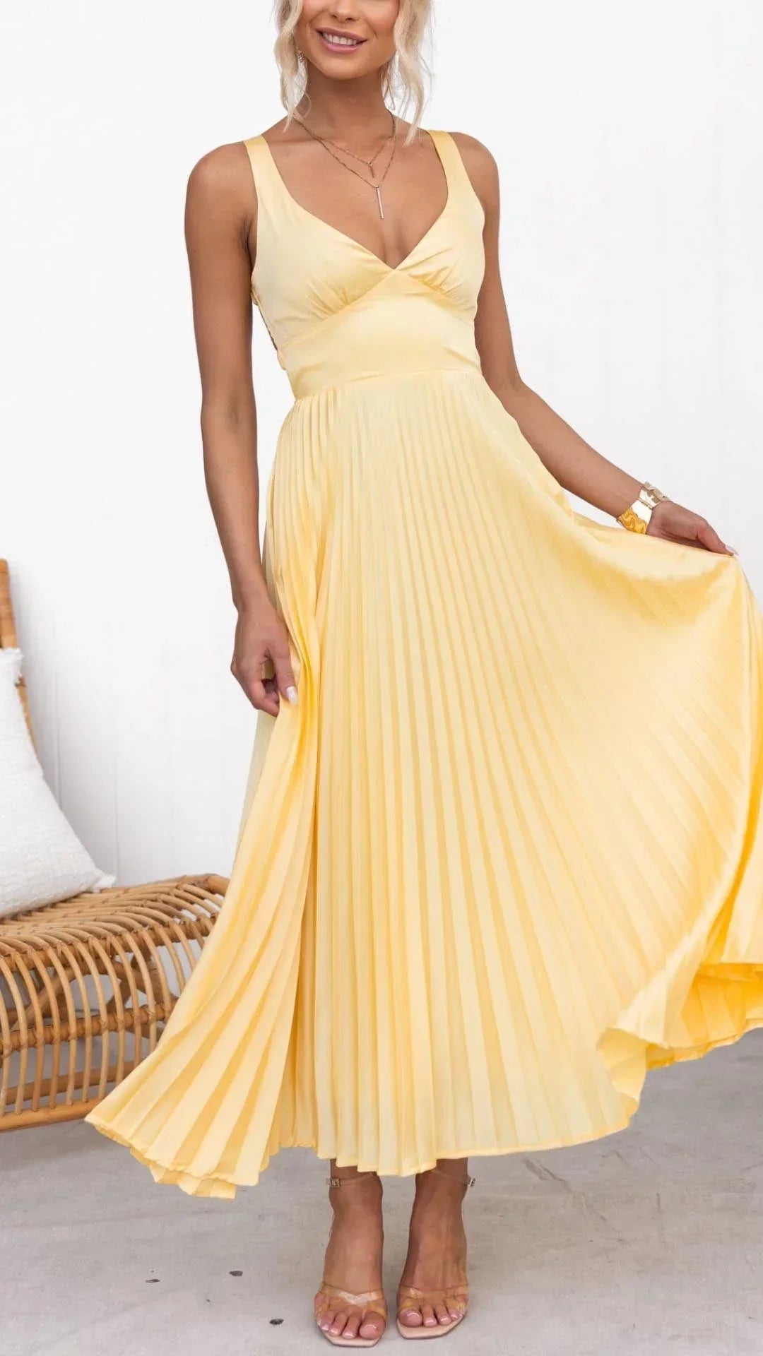 Women's Pleated V Neck Crossover Back Maxi Dress