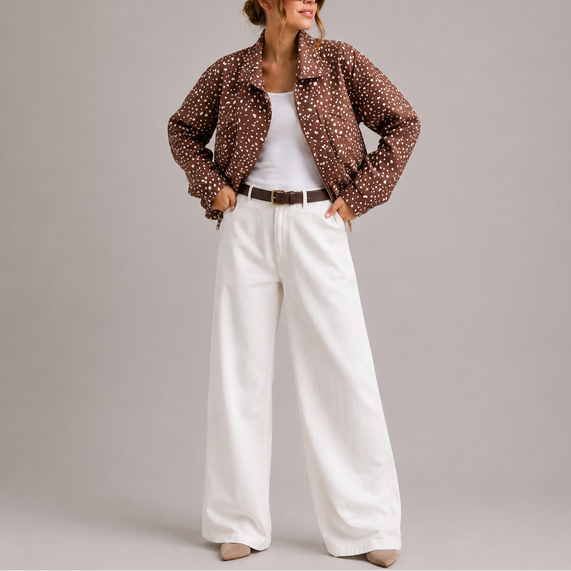 Women's Polka Dot Cropped High Neck Bomber Jacket