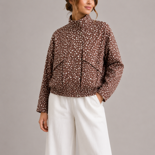Women's Polka Dot Cropped High Neck Bomber Jacket
