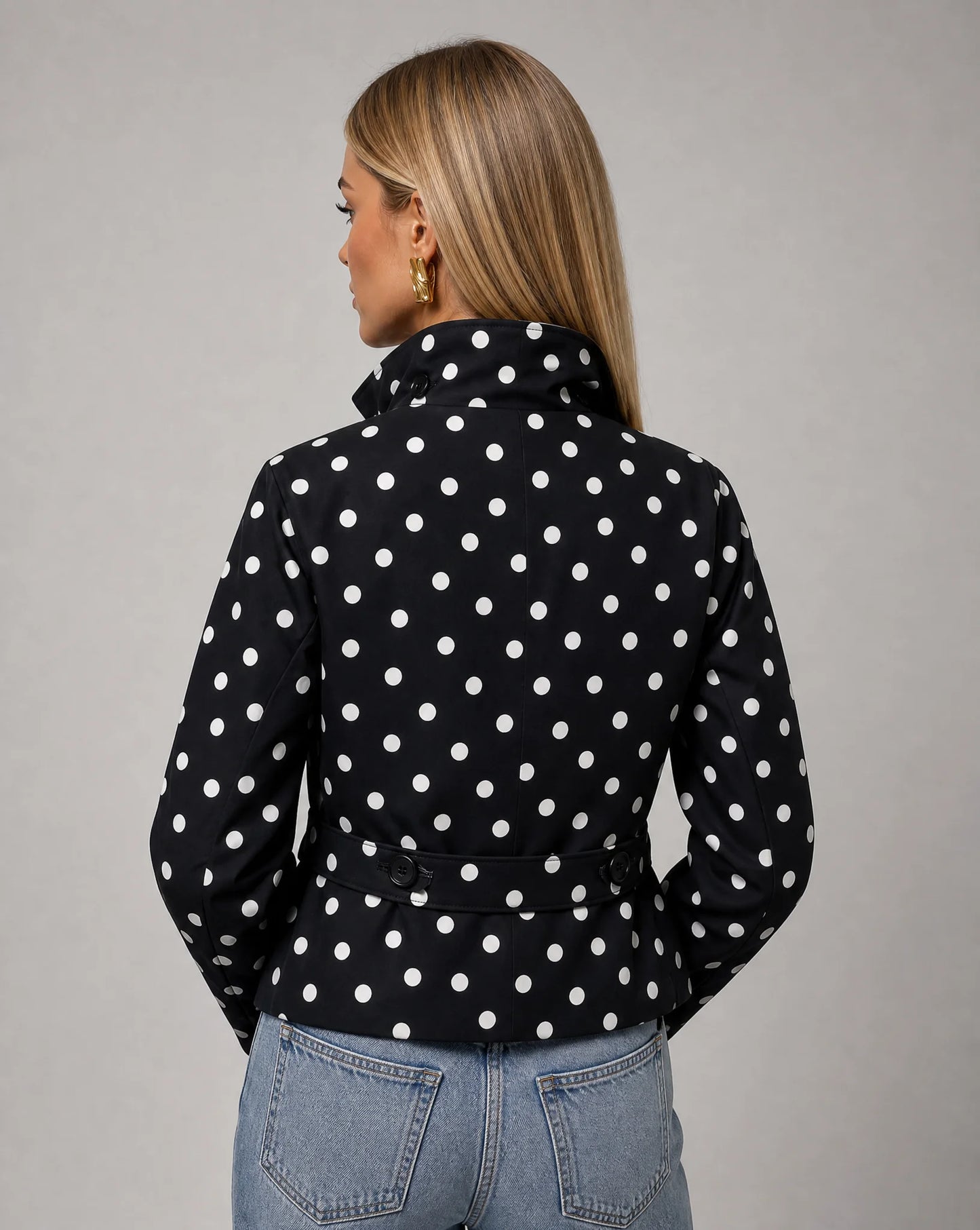 Women's black and white polka dot belted jacket with elegant fit and timeless vintage charm by ILYNORA