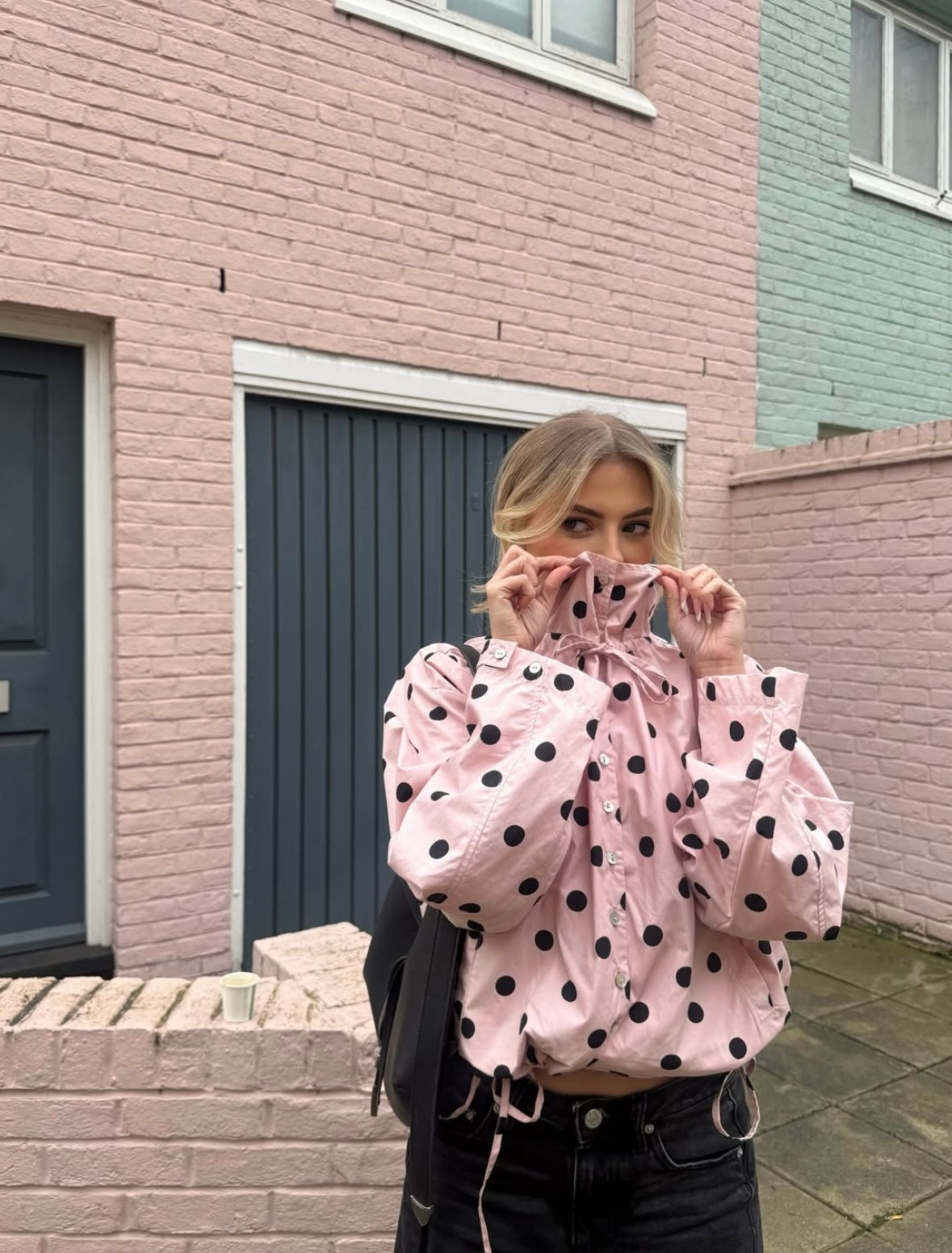 Women's Polka Dot Puff Sleeve High Neck Jacket