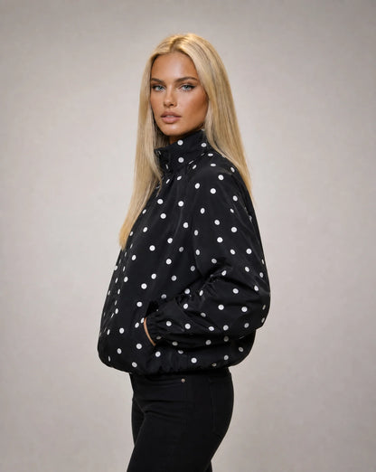Women's black polka dot lightweight jacket with stand collar and versatile everyday styling by ILYNORA