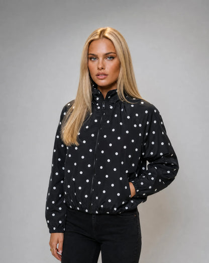 Women's black polka dot windbreaker jacket with relaxed bomber fit and lightweight everyday style by ILYNORA