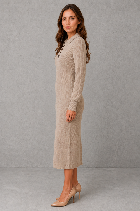 Women's Polo Neck Knitted Midi Jumper Dress with Button Placket